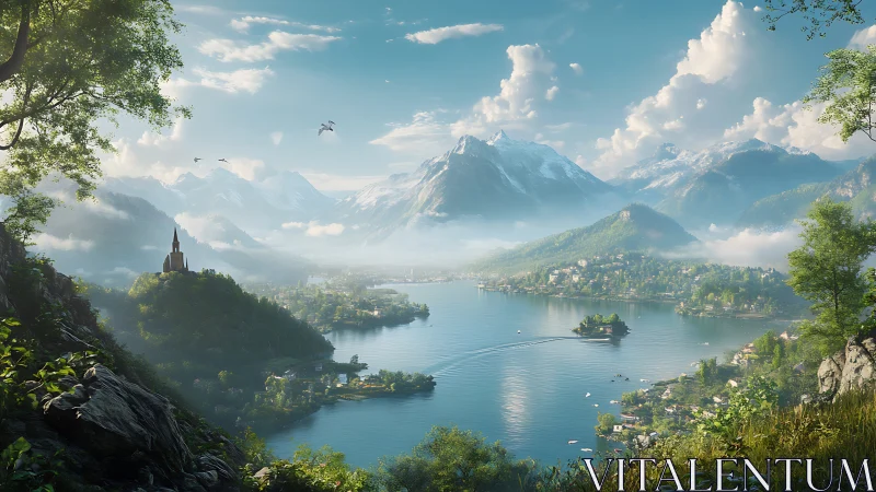 Peaceful lakeside village cradled by misty alpine peaks.