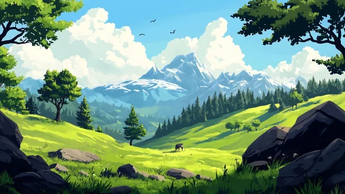 Mountain valley landscape shows layered terrain and clouds