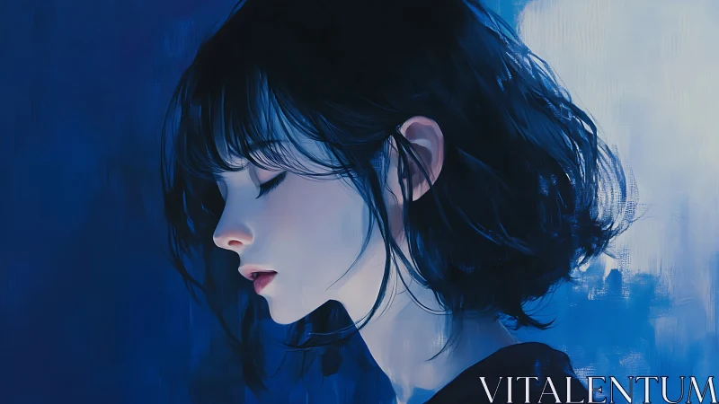 Side-profile chromatic portrait in deep indigo tonal field.