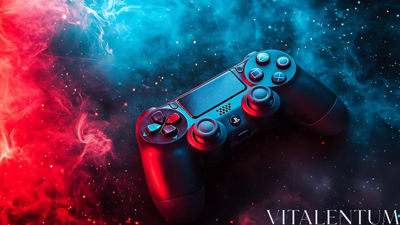 DualShock-style gamepad with bicolor neon volumetric smoke