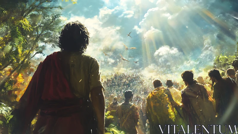 Crowd gathered under radiant sky with robed figures.