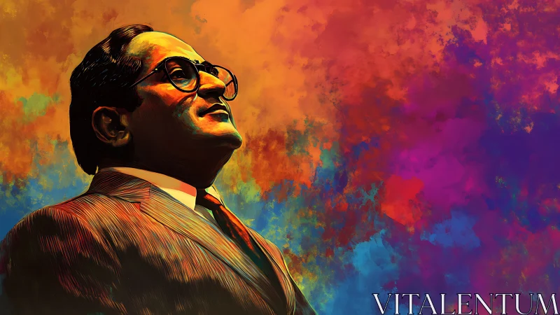 Confident suited man gazes upward amid vibrant color clouds