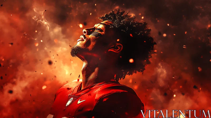 Fiery digital portrait of football player in dramatic glow.