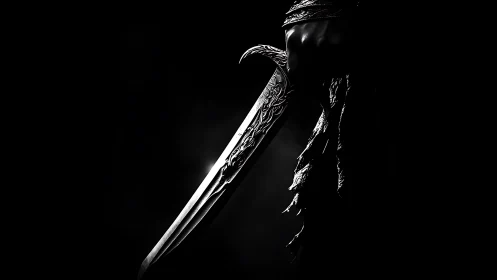 Warrior’s ornate sword emerges from deep shadowed darkness.