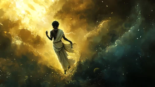 Divine figure strides through radiant celestial storm.