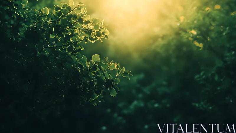 Sunlit Leaves in Lush Green Forest with Dreamy Soft Focus.