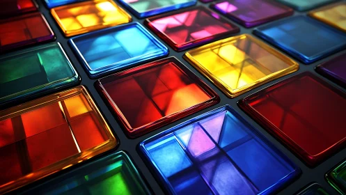 Colorful glass tiles form geometric reflective grid pattern