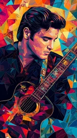Polygonal portrait of male guitarist with faceted neon palette.
