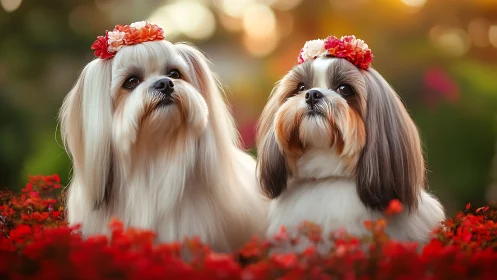 Flower-crowned shih tzus quietly preside over a glowing garden