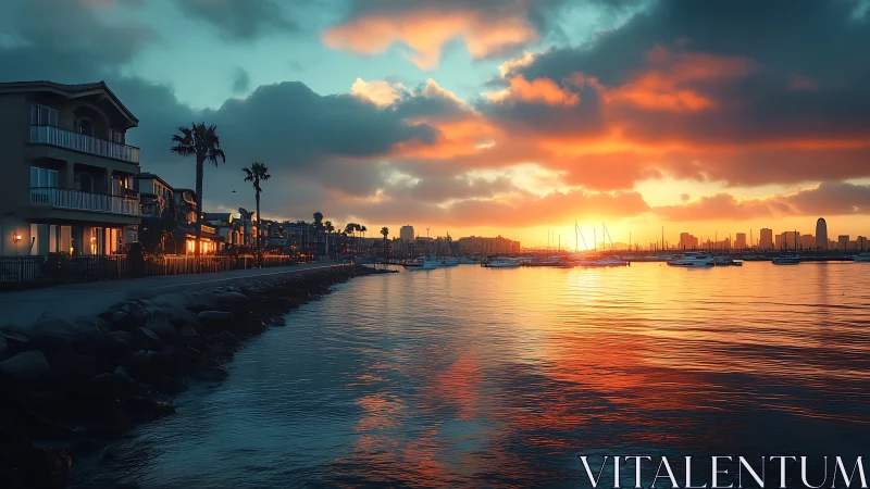 Waterfront skyline sunset with glowing marina reflections.