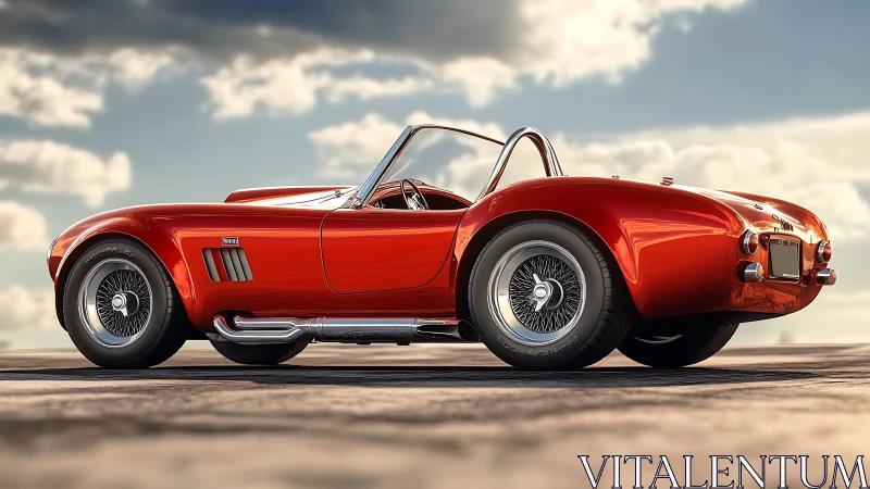 Classic red roadster gleams under a dramatic open sky