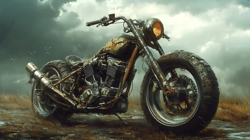 Weathered custom chopper rendered in cinematic digital realism