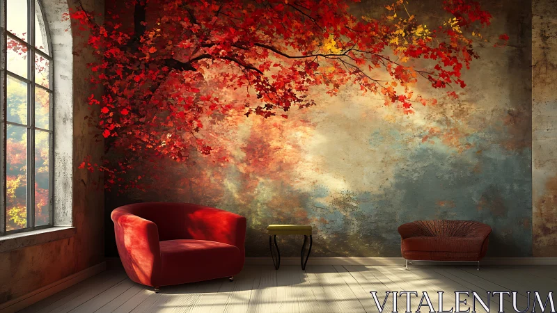 Autumn branches transform a cozy living room interior wall art.