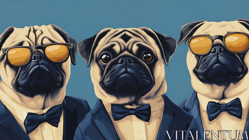 Three tuxedo pugs in suits with bow ties and sunglasses.