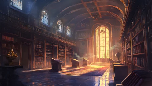 Sunlit vaulted library interior renders atmospheric depth