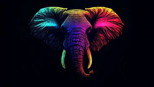 Elephant head illustration shows neon gradient lighting on black
