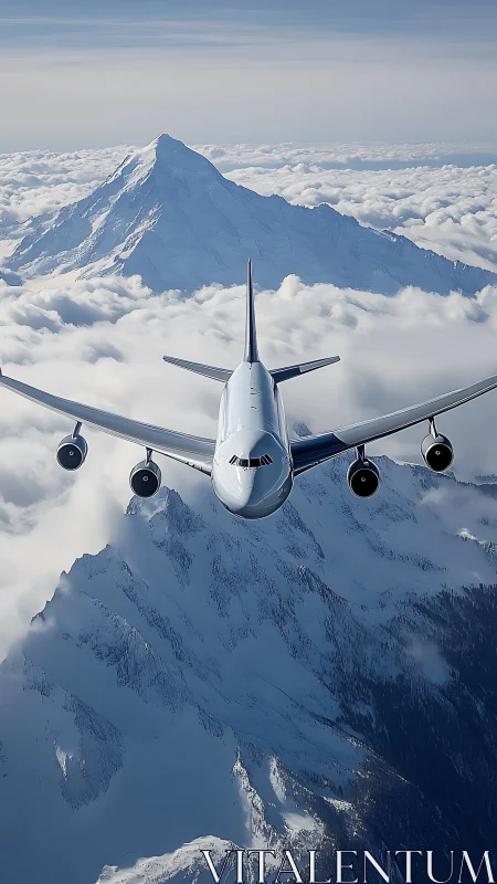 Widebody jetliner cutting through alpine cloud layers overhead.