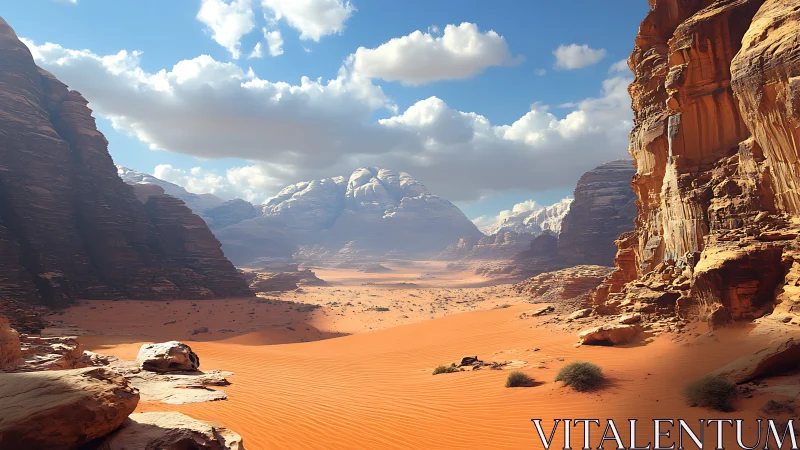 Sunlit desert canyon cradling distant snowcapped giants.