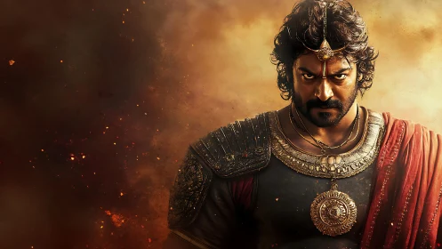 Warrior prince stands in burning haze, armored and unyielding.