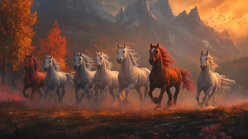 Galloping stallions in autumn valley under fiery sunset sky.