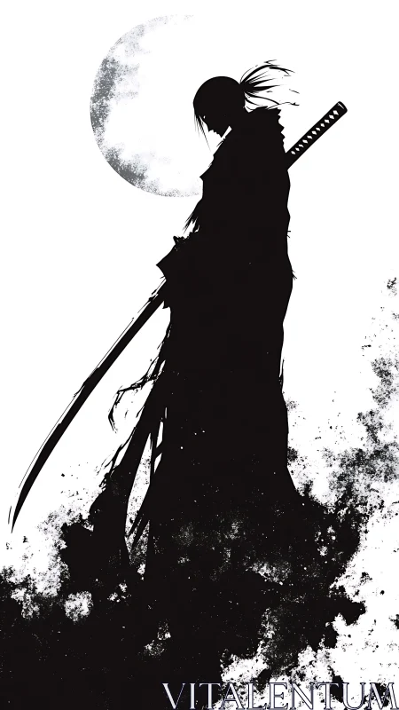 Solitary samurai silhouette stands beneath textured full moon