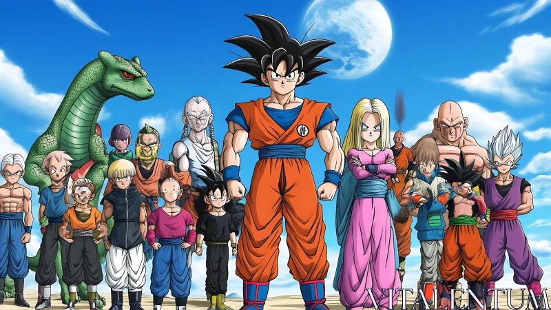 Anime ensemble lineup with heroic central figure under sky.