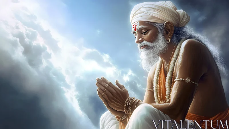 Meditating Hindu sage rests in luminous celestial light.