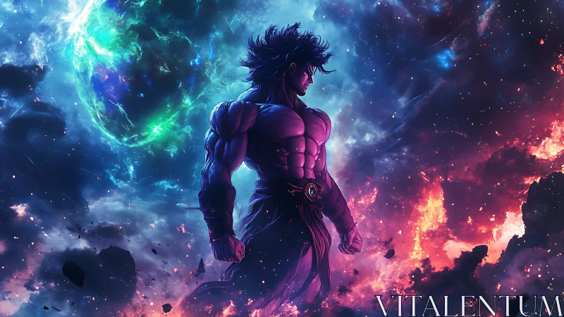 Cosmic warrior pauses as galaxies burn and bloom around him