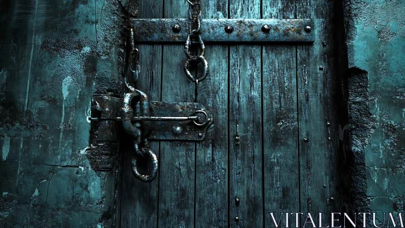 Rusted chains lock weathered wooden door in cold light