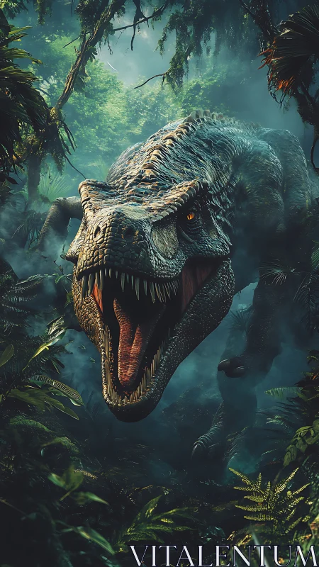 Primeval thunderjaw surges through mist-soaked jungle