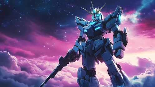 Luminous mecha sentinel dominates neon cloud horizon at dusk.