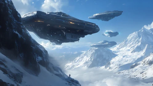 Massive hovering carriers cross high-altitude icy mountain range