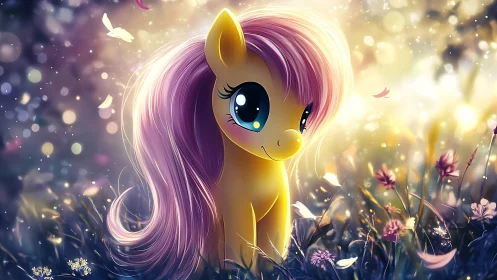 Anime pony character in luminous bokeh meadow environment.