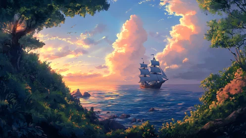 Golden Hour Voyage: Galleon Sails Through Framed Paradise