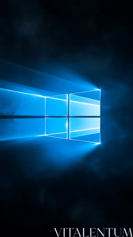 Backlit geometric window logo emits volumetric cyan beams