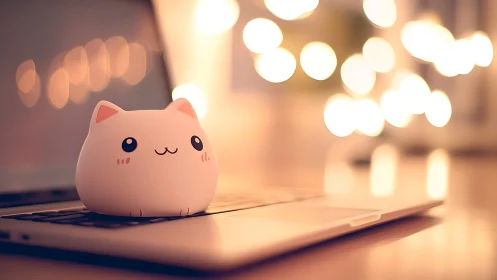 Cozy desk cat lamp glowing softly over evening laptop.