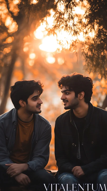Shallow depth portrait captures two men in warm backlit bokeh