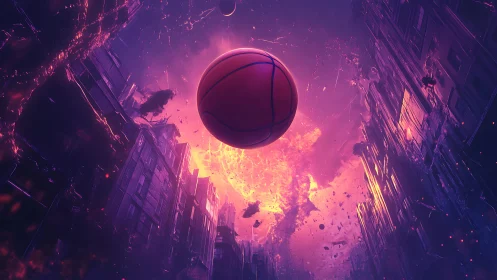 Basketball floats through a neon cosmic city in mid-collapse.