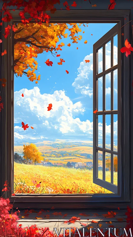 Open window framing bright autumn field and blue sky.