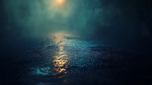 Rain-soaked asphalt glows under distant streetlight halo.