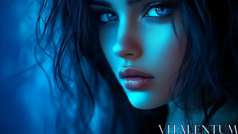 Hyperreal blue-lit female portrait with cinematic close focus