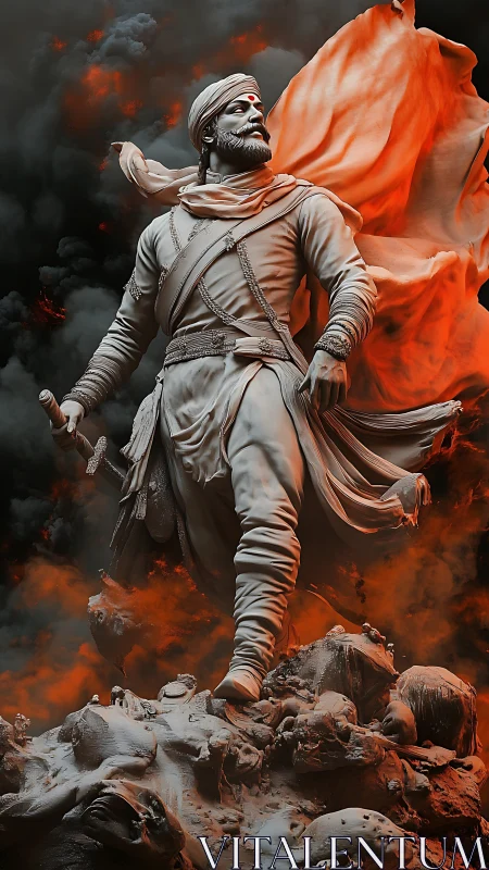 Storm-forged warrior statue strides through embered clouds.