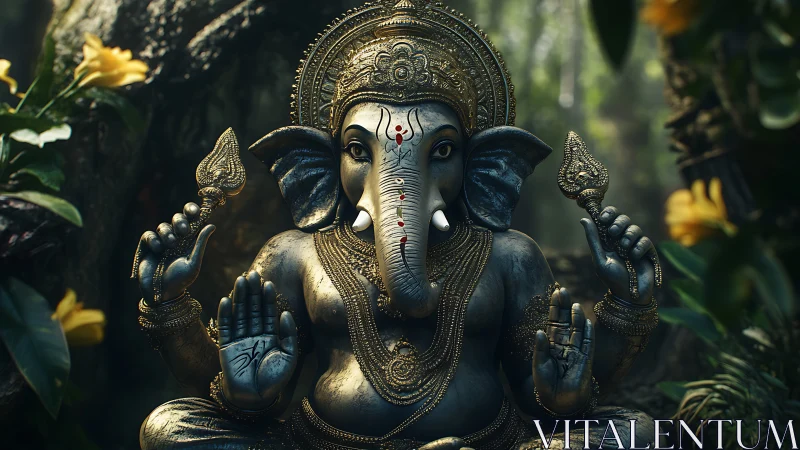 Gentle forest deity in golden light and quiet blossoms.