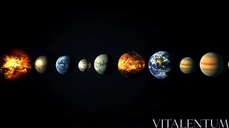 Sequential exoplanet row with varied atmospheric rendering and illumination