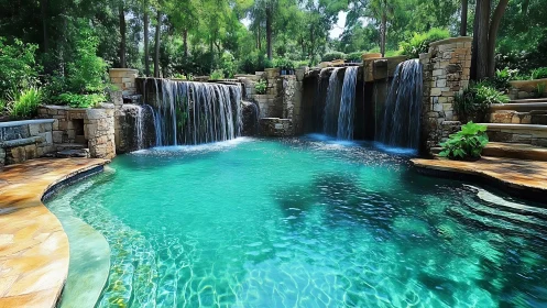 Stone waterfall pool with turquoise water and greenery.