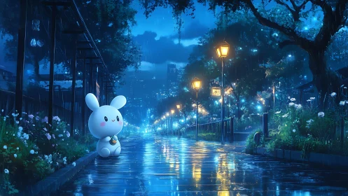 White rabbit figure on wet city park path at night.