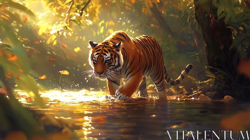 Tiger walking through shallow forest stream in warm light.