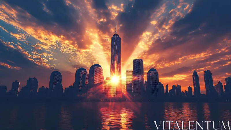 Sunset light behind central tower in dense city skyline.