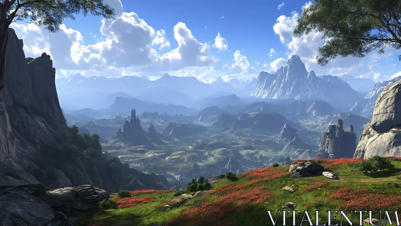 Mountain valley landscape extends beneath dramatic cloud sky