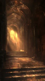 Sunlit stone stairway in grand vaulted corridor interior.